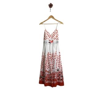 Silver Stream‎ Small White Red Embroidered Babydoll Midi Dress Cottagecore